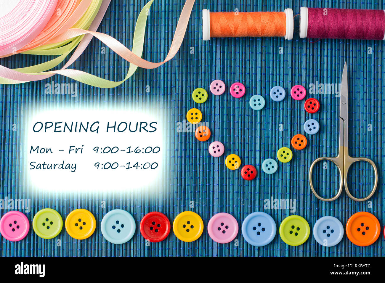 Opening hours door sign of a tailoring shopt heart made of small