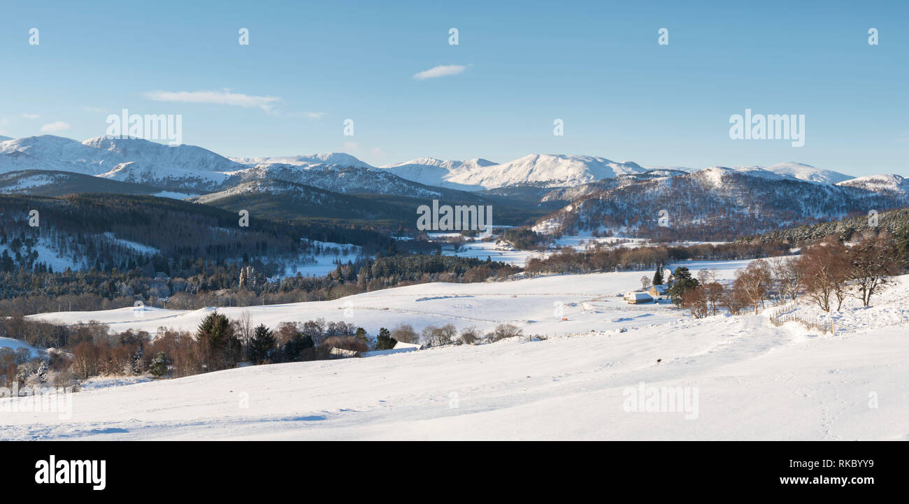 Balmoral Castle Sits at the Foot of Lochnagar in this Panoramic View of Royal Deeside in Winter. Stock Photo