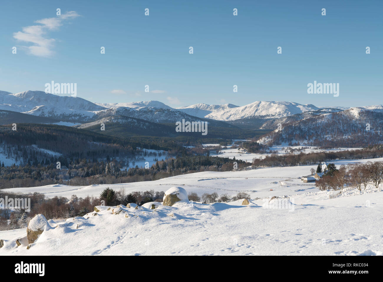 A View Over Royal Deeside with Balmoral Castle in the Cairngorms National Park, Scotland Stock Photo