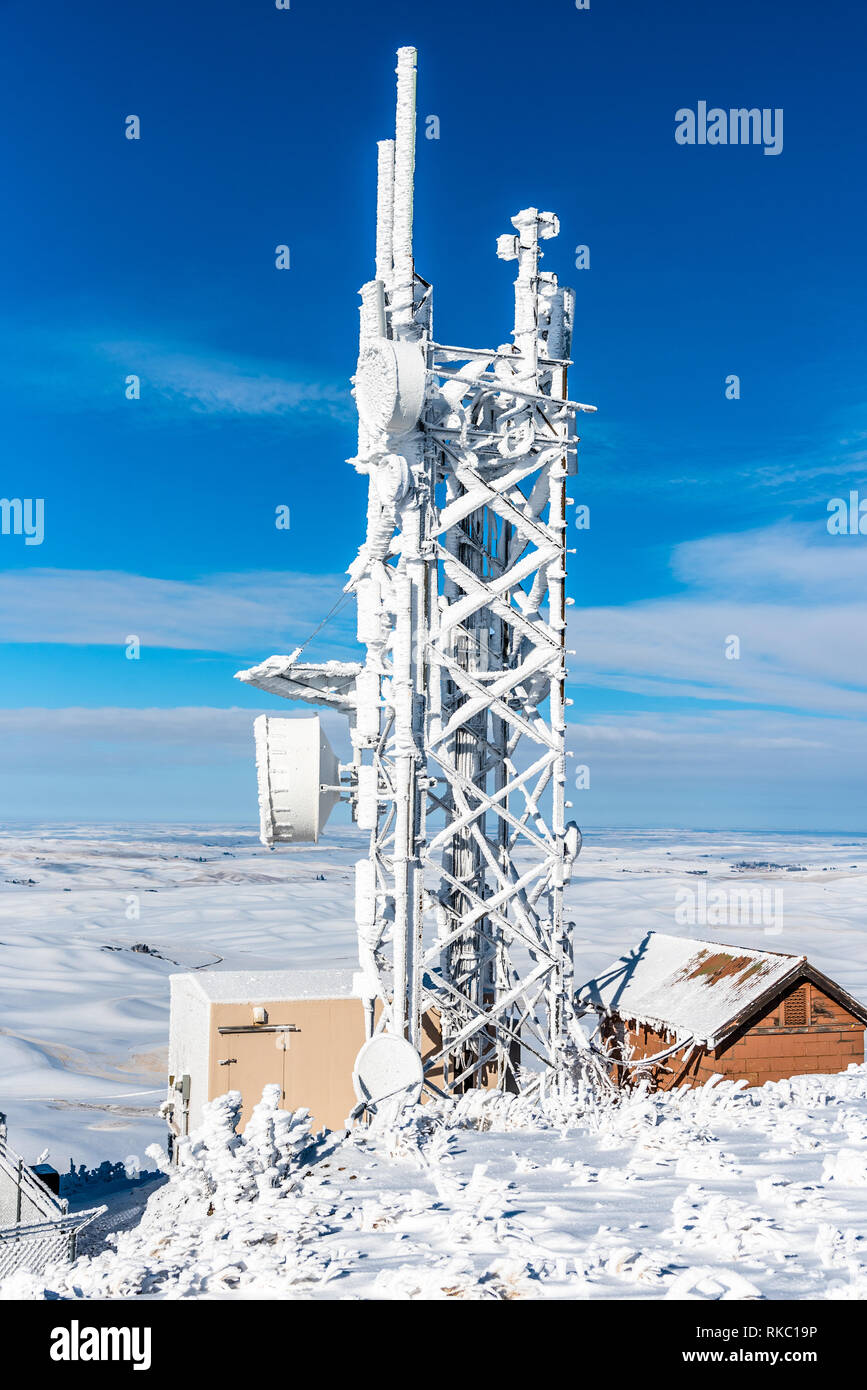 Snow Covered Communication Tower Atop Steptoe Butte. Stock Photo