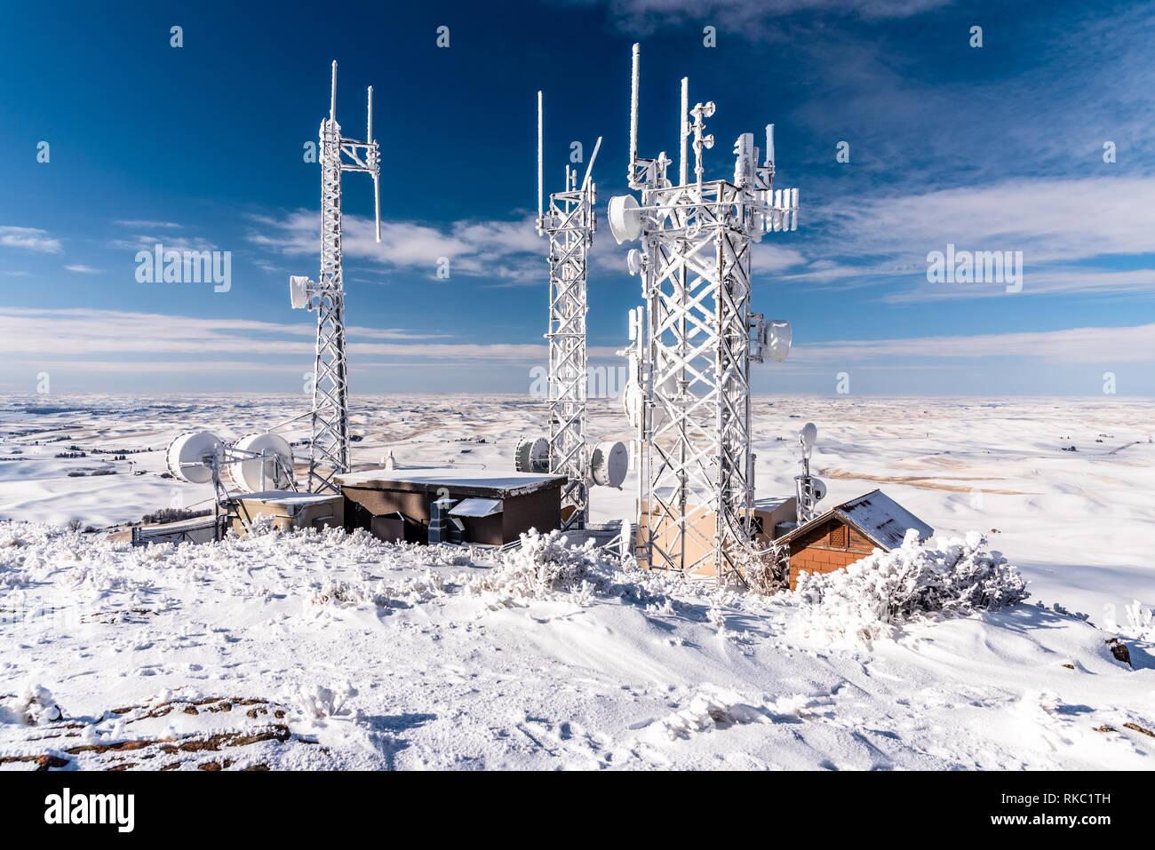 Snow Covered Communication Towers Atop Steptoe Butte. Stock Photo