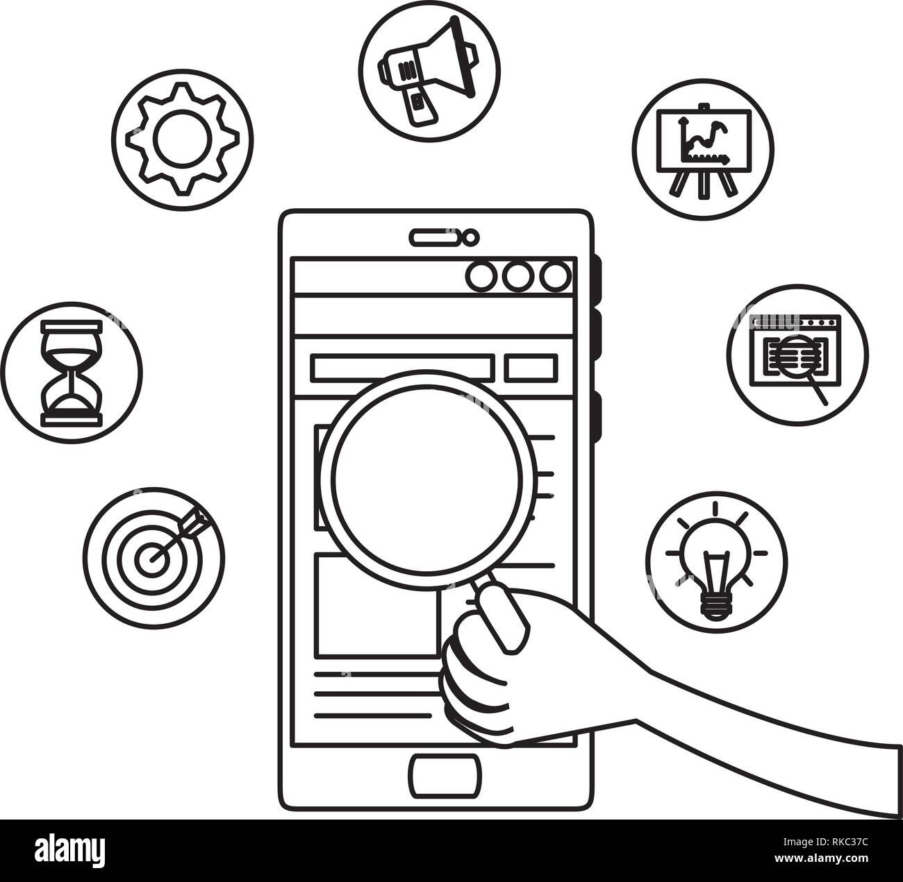 smartphone with magnifying glass and business icons vector illustration ...