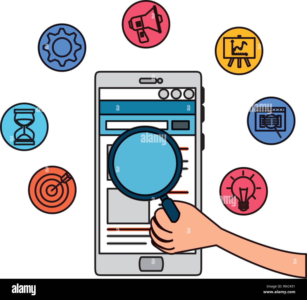 smartphone with magnifying glass and business icons vector illustration ...