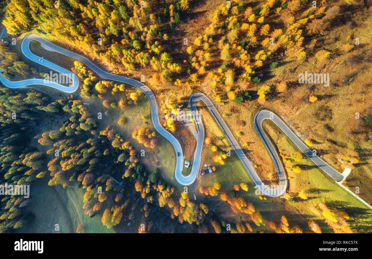 Winding road in autumn forest at sunset in mountains. Aerial view. Top view of beautiful asphalt roadway and orange trees. Highway through the woodlan Stock Photo