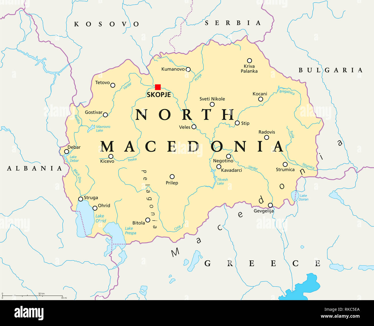 North Macedonia political map with capital Skopje, borders, important cities, rivers and lakes. Former Yugoslav Republic of Macedonia, renamed 2019. Stock Photo