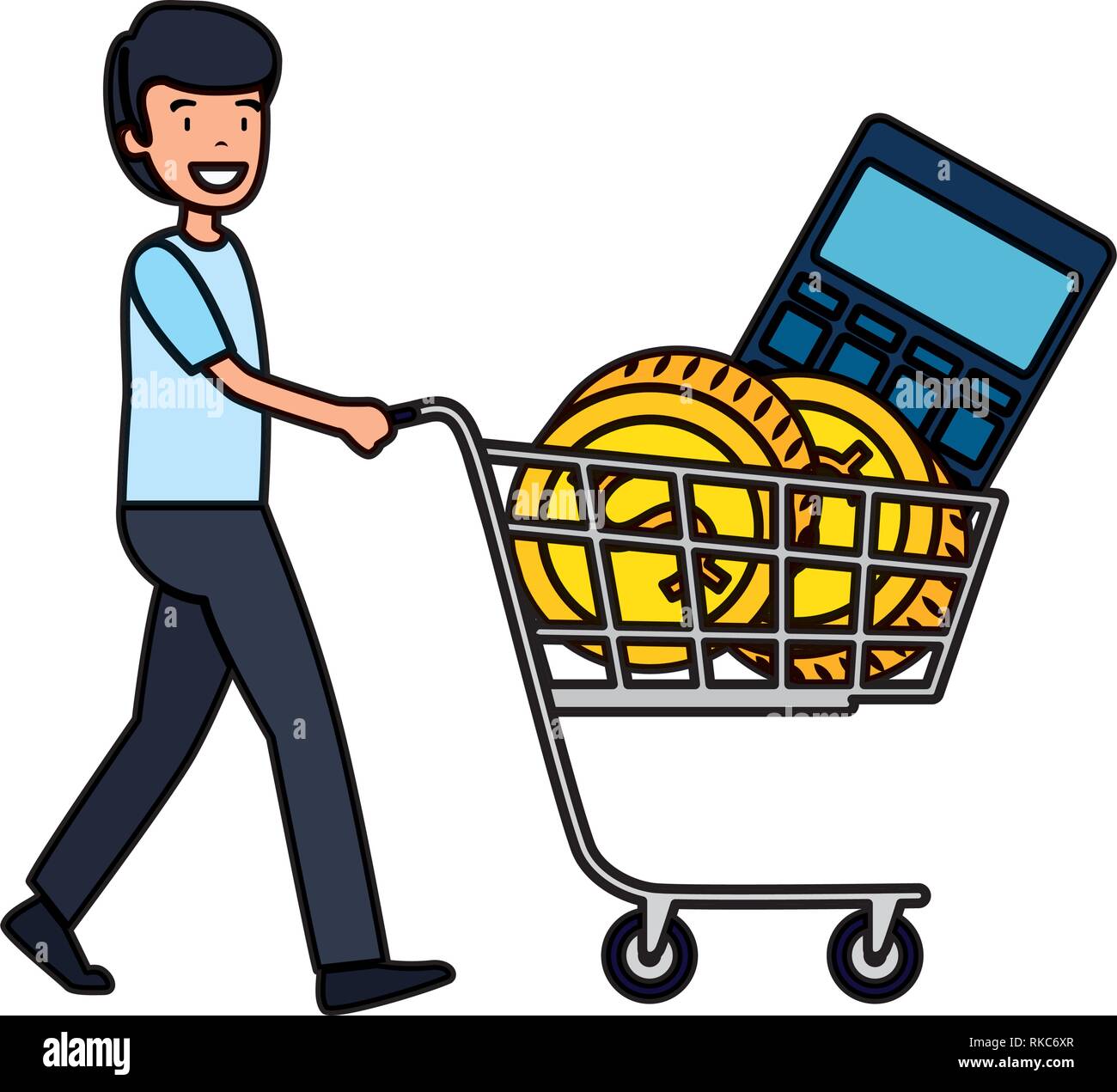 man with calculator math in shopping cart vector illustration design