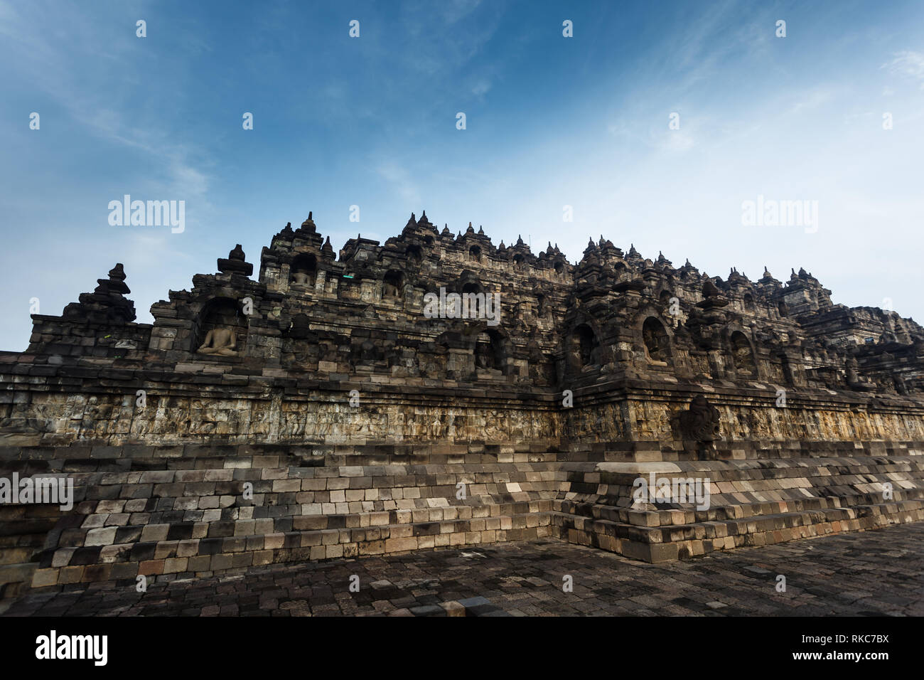Closeup of the multi-terraced Borobudur Temple 9th-century Mahayana Buddhist temple in Magelang Regency,in Java, Indonesia Stock Photo