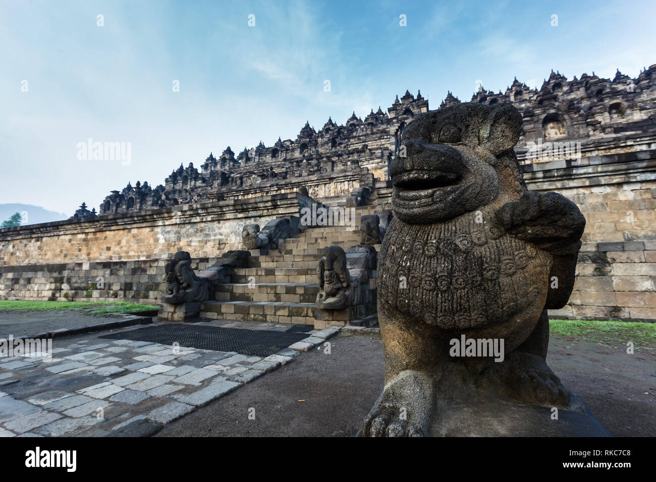 Closeup of stone statue god protecting the multi-terraced Borobudur Temple 9th-century Mahayana Buddhist temple in Magelang Regency,in Java, Indonesia Stock Photo