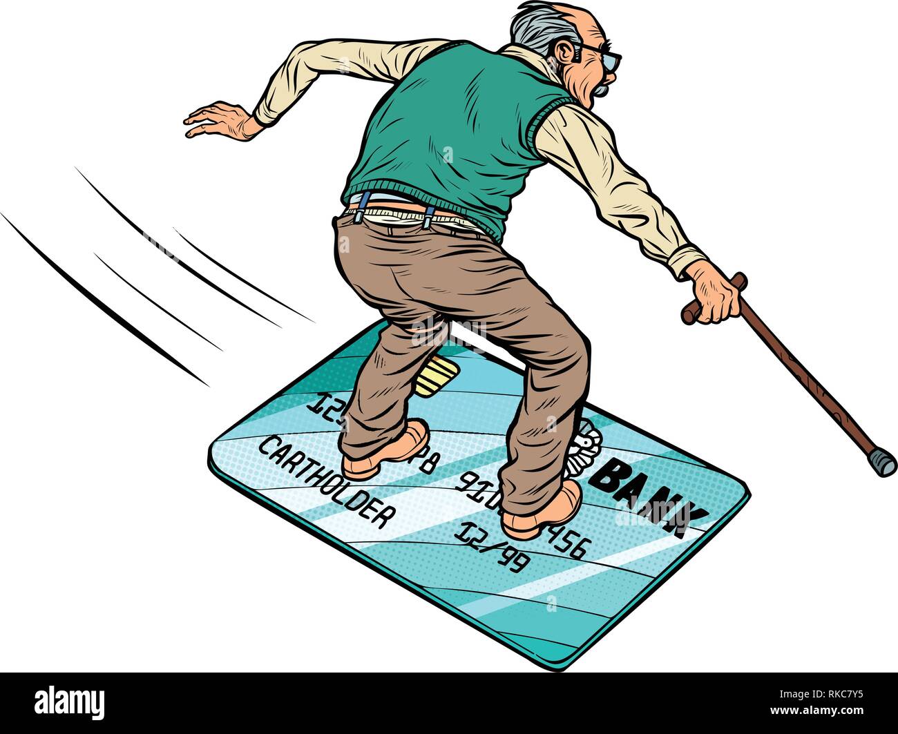 Retired old man and Bank card. isolate on white background. Going snowboarding or water Board. Bank card flies, credit and debit. Comic cartoon pop ar Stock Vector