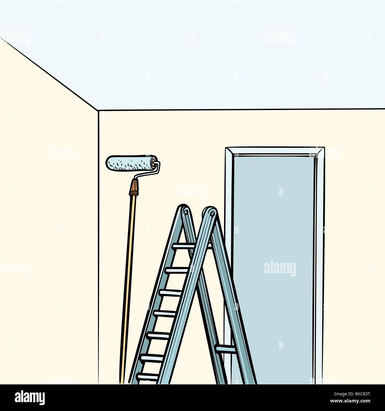 ladder repair paint roller. Comic cartoon pop art retro vector