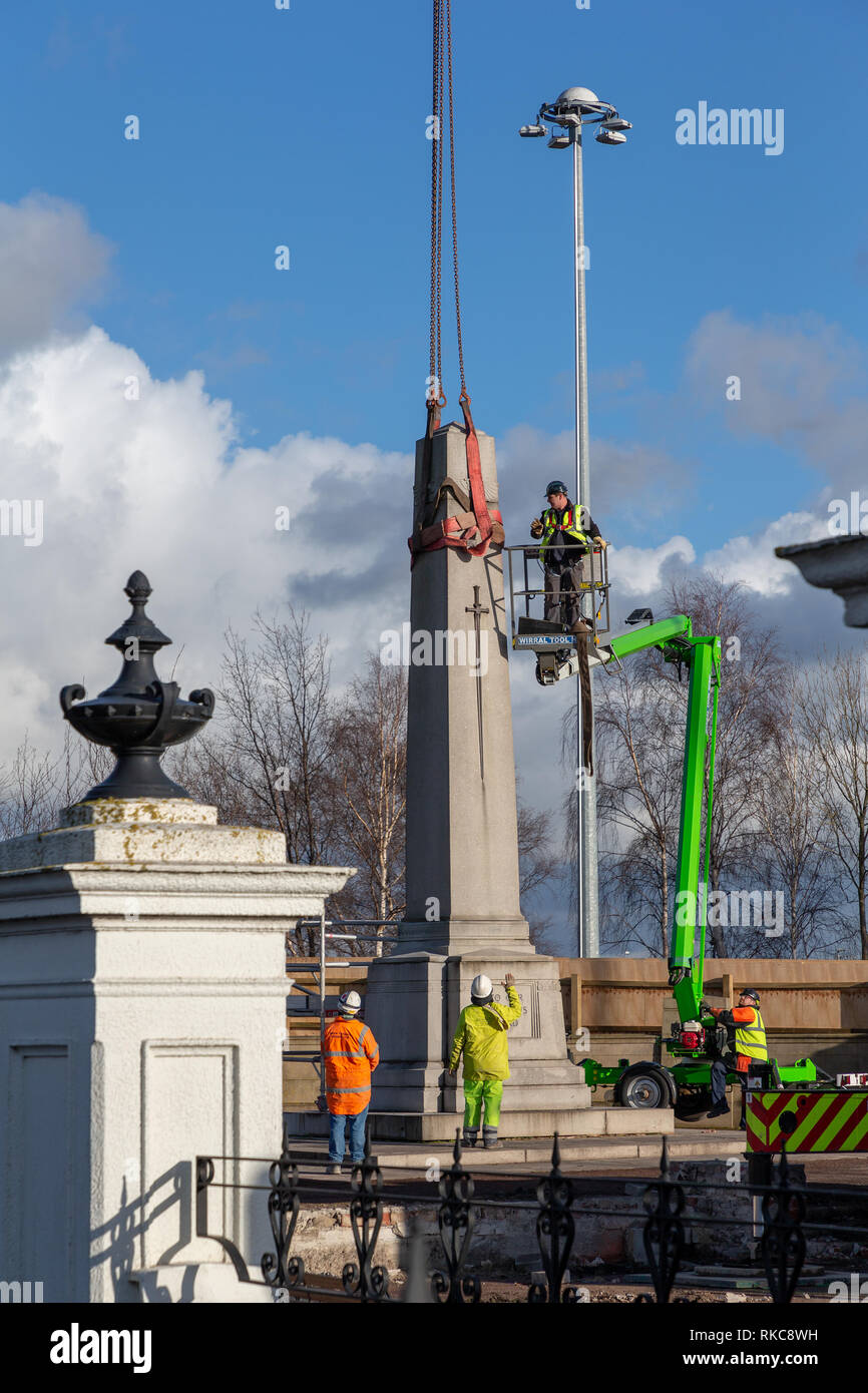 Warrington, Cheshire, UK. 10th Feb 2019. In order to stabilise the foundations around the Cenotaph at Bridgefoot in Warrington, Cheshire, England, the removal of the memorial structure was necessary Credit: John Hopkins/Alamy Live News Stock Photo