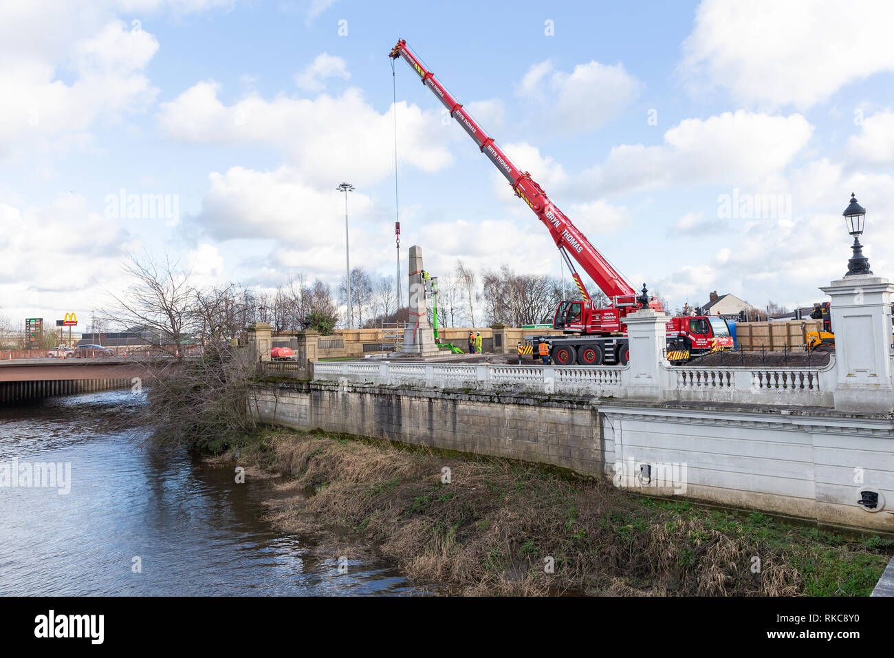 Warrington, Cheshire, UK. 10th Feb 2019. In order to stabilise the foundations around the Cenotaph at Bridgefoot in Warrington, Cheshire, England, the removal of the memorial structure was necessary Credit: John Hopkins/Alamy Live News Stock Photo
