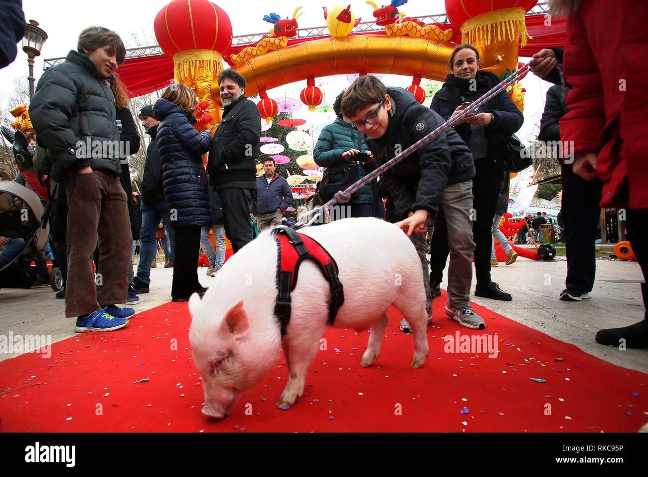 Rome, Italy. 10th Feb 2019. A Roma leading a pig, the symbol of this ...