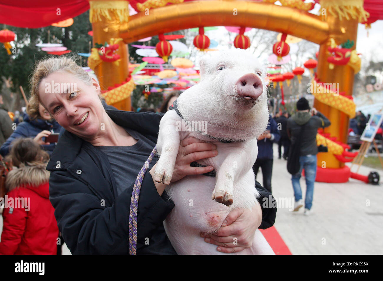 Rome, Italy. 10th Feb 2019. A Roma leading a pig, the symbol of this ...