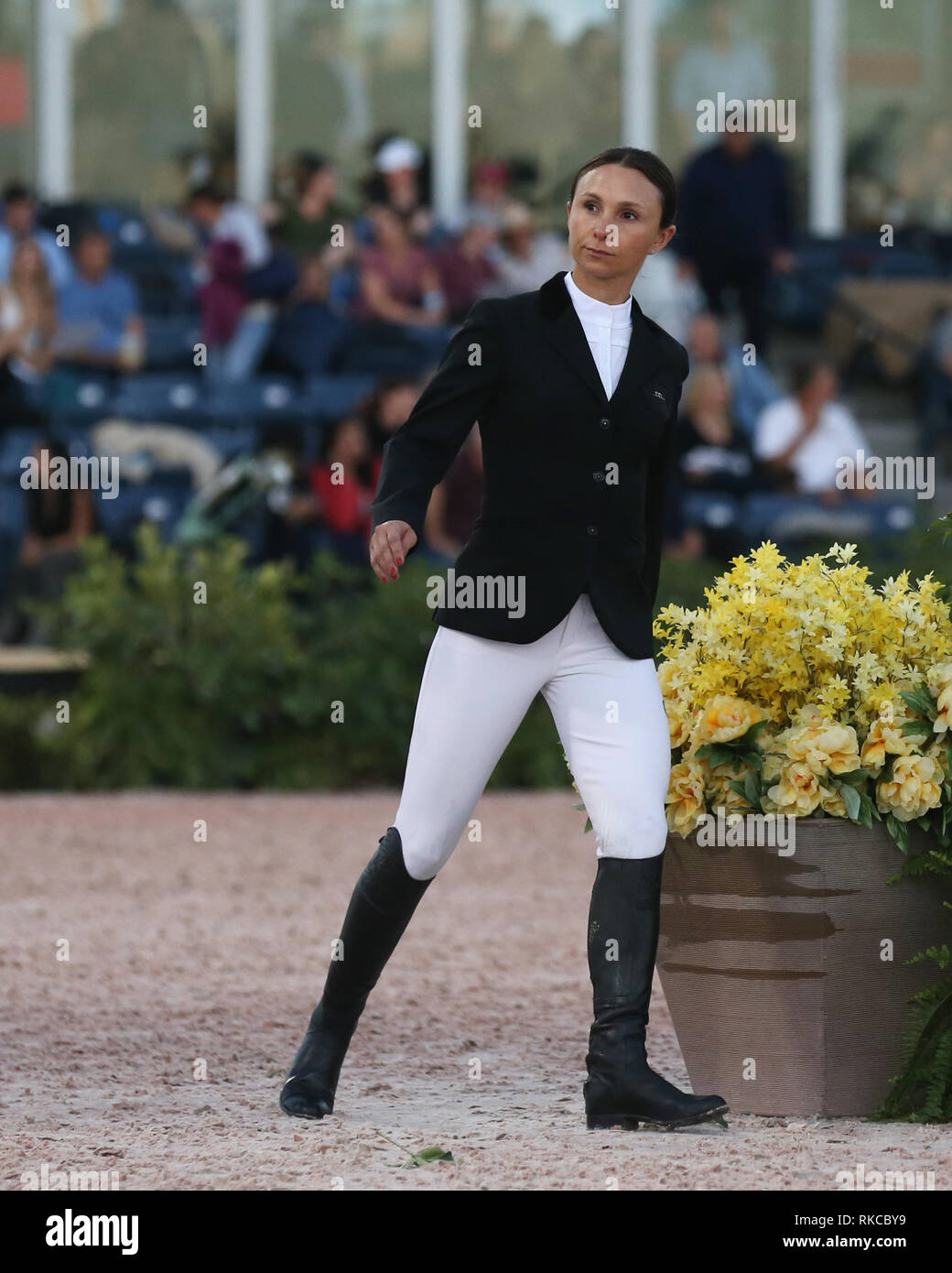WELLINGTION, FL - FEBRUARY 09: SATURDAY NIGHT LIGHTS: Georgina Bloomberg participates in Class 101 - FEI CSI5* $391,000 Fidelity Investments Grand Prix where the winner was Martin Fuchs (Swiss) second place was Kent Farrington (USA) and third was Conor Swail (IRE). The Winter Equestrian Festival (WEF) is the largest, longest running hunter/jumper equestrian event in the world held at the Palm Beach International Equestrian Center. Georgina Leigh Bloomberg is the owner of the equestrian team New York Empire; a professional equestrian; and a philanthropist. She is the daughter of Susan Brown an Stock Photo