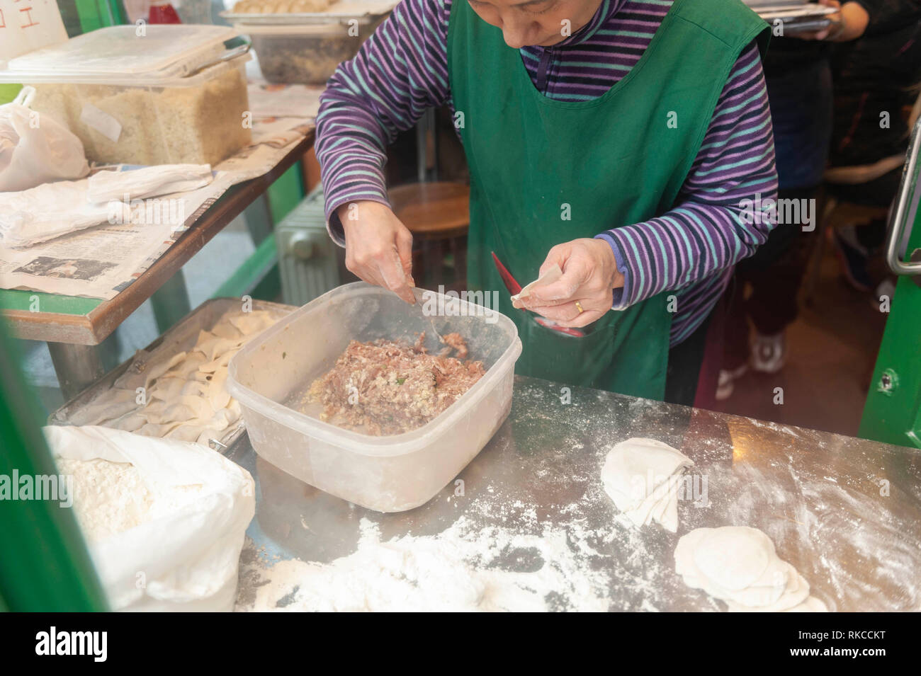 London, UK. 10th Feb, 2019. Chinese dumplings being prepared near Leicester Square in London, England, UK., during Chinese New Year celebrations. Credit: Ian Laker/Alamy Live News. Stock Photo