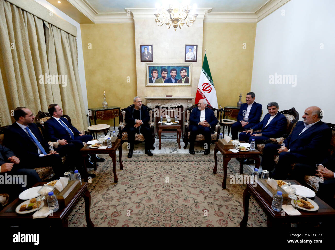 Beirut, Lebanon. 10th Feb, 2019. Iranian Foreign Minister Mohammad Javad Zarif (4th R) meets with Lebanese officials in the Iranian Embassy in Beirut, Lebanon, on Feb. 10, 2019. Zarif arrived in Lebanon on Sunday for a two-day official visit to meet with Lebanese officials and informed them about Iran's readiness to help Lebanon on all levels. Credit: Bilal Jawich/Xinhua/Alamy Live News Stock Photo