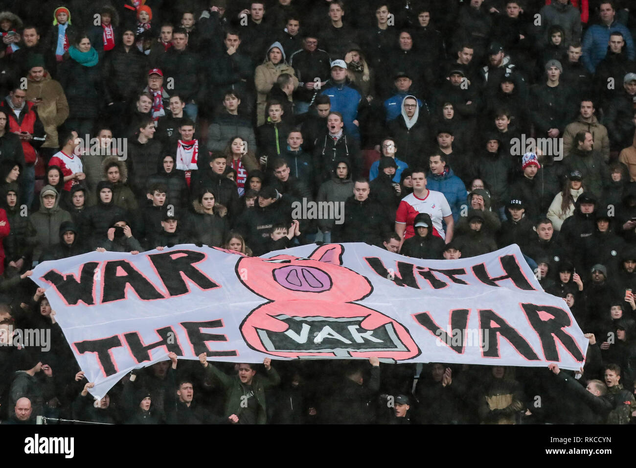 UTRECHT - Utrecht - PSV , Football , Season 2018/2019 , Eredivisie , Stadium Galgenwaard , 10-02-2019 , In war with the VAR banner Stock Photo