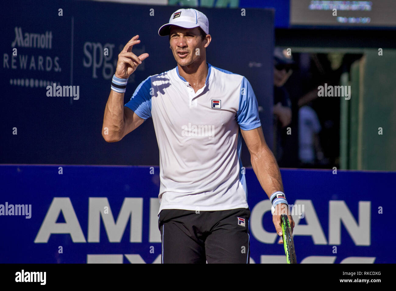 Buenos Aires, Federal Capital, Argentina. 10th Feb, 2019. In the last match of the day this Sunday the Argentine tennis player Facundo Bagnis won in two sets the Bolivian Hugo Delien. After winning the first set in tie-break 7 (7) -6 (5), he ended up winning 6-2 in the second set amid multiple complaints towards the sound of the cameras of the photojournalists covering the game.In the photograph the Argentinian Facundo Bagnis complains about the sound made by the photographers of the Reporters Graphics that covered the game. Credit: Roberto Almeida Aveledo/ZUMA Wire/Alamy Live News Stock Photo