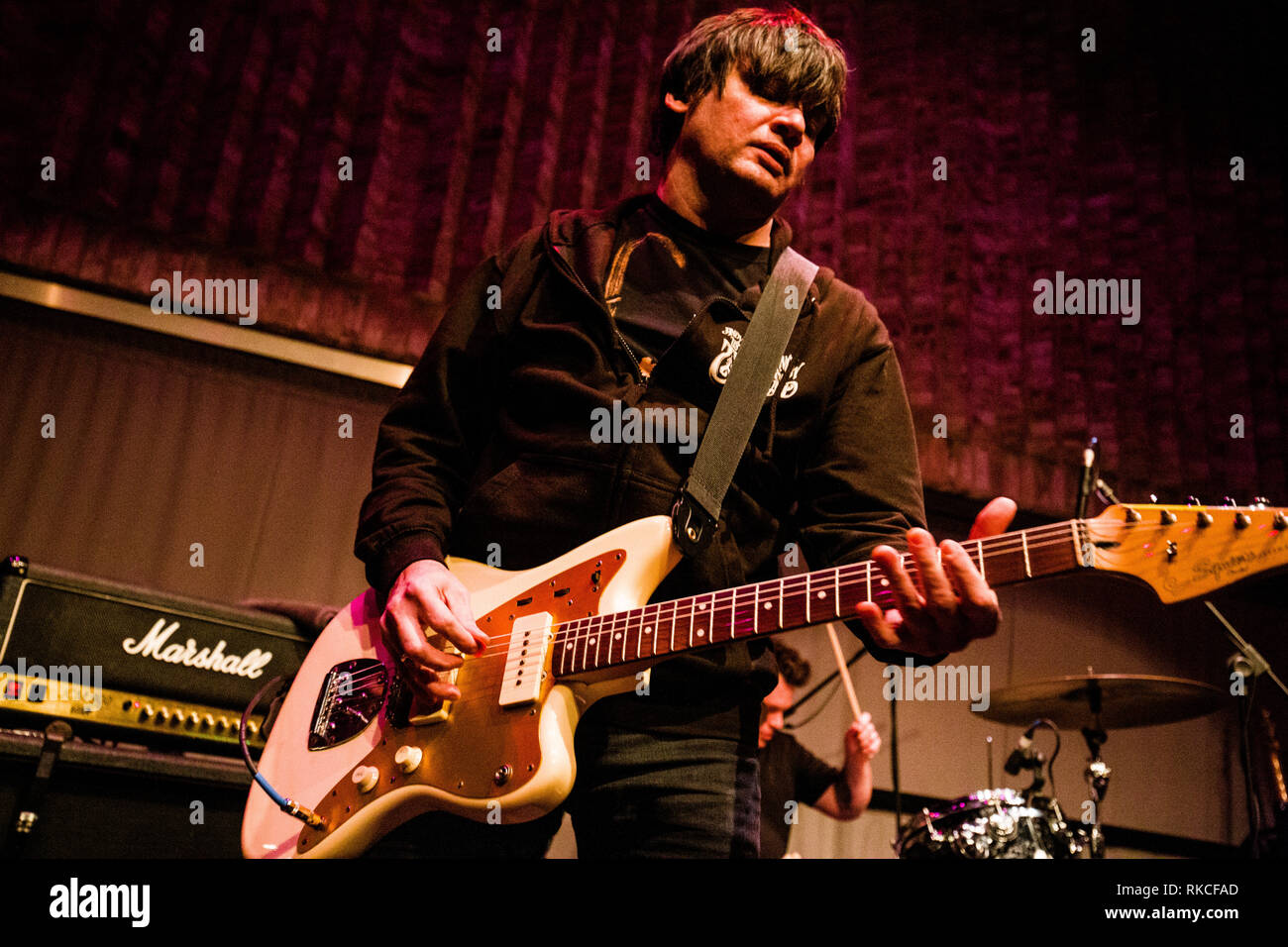 Cambridge, UK. 10th February, 2019. Conrad Keely of American indie art rock band ...And You Will Know Us by the Trail of Dead performs live at Storey’s Field Centre in Eddington celebrating 20 years of the album Madonna. Richard Etteridge / Alamy Live News Stock Photo