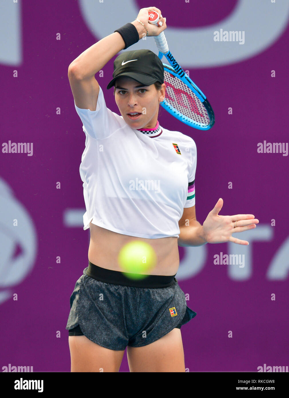 Doha, Qatar. 10th Feb, 2019. Ajla Tomljanovic of Australia hits a