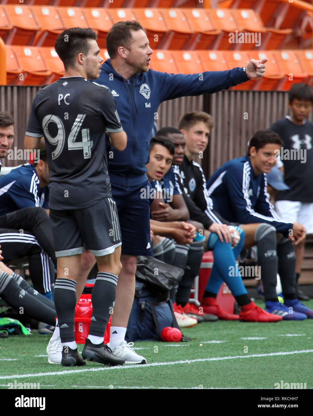 February 10, 2019 - Vancouver Whitecaps FC Head Coach Marc Dos Santos gives  ''Vancouver Whitecaps defender Victor ''PC'' Giro #94'' some instruction  during the Pacific Rim Cup 3rd place match between Vancouver