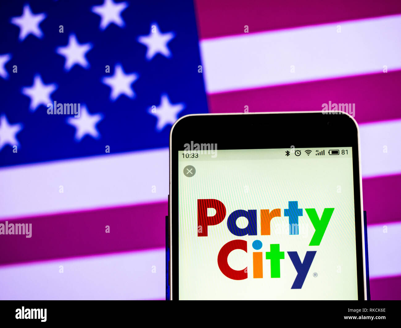 Party City Retail chain company  logo seen displayed on a smart phone. Stock Photo