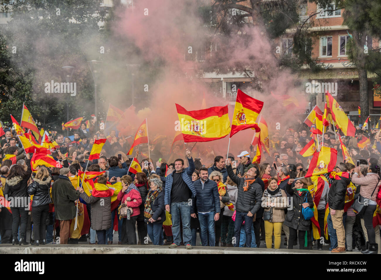 Protesters are seen waving Spanish flags during the protest. Thousands of Spanish citizens protested at Colon Square in Madrid against the government of Pedro Sánchez, asking for an election. Stock Photo
