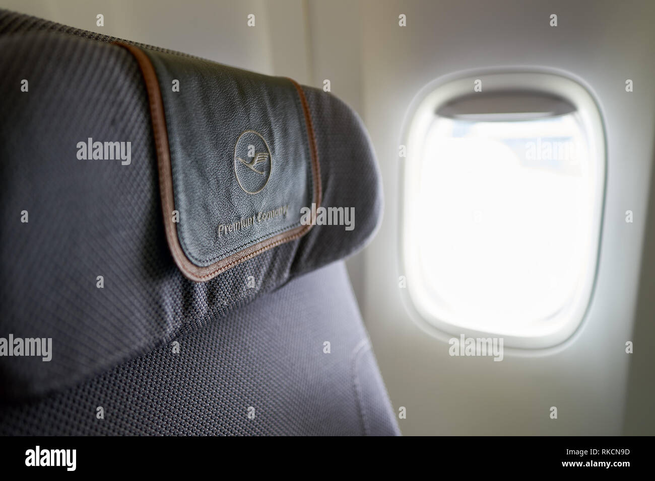 NEW YORK - MARCH 13, 2016: interior of Boeing 747-8I. The Boeing 747 is an American wide-body commercial jet airliner and cargo aircraft, often referr Stock Photo