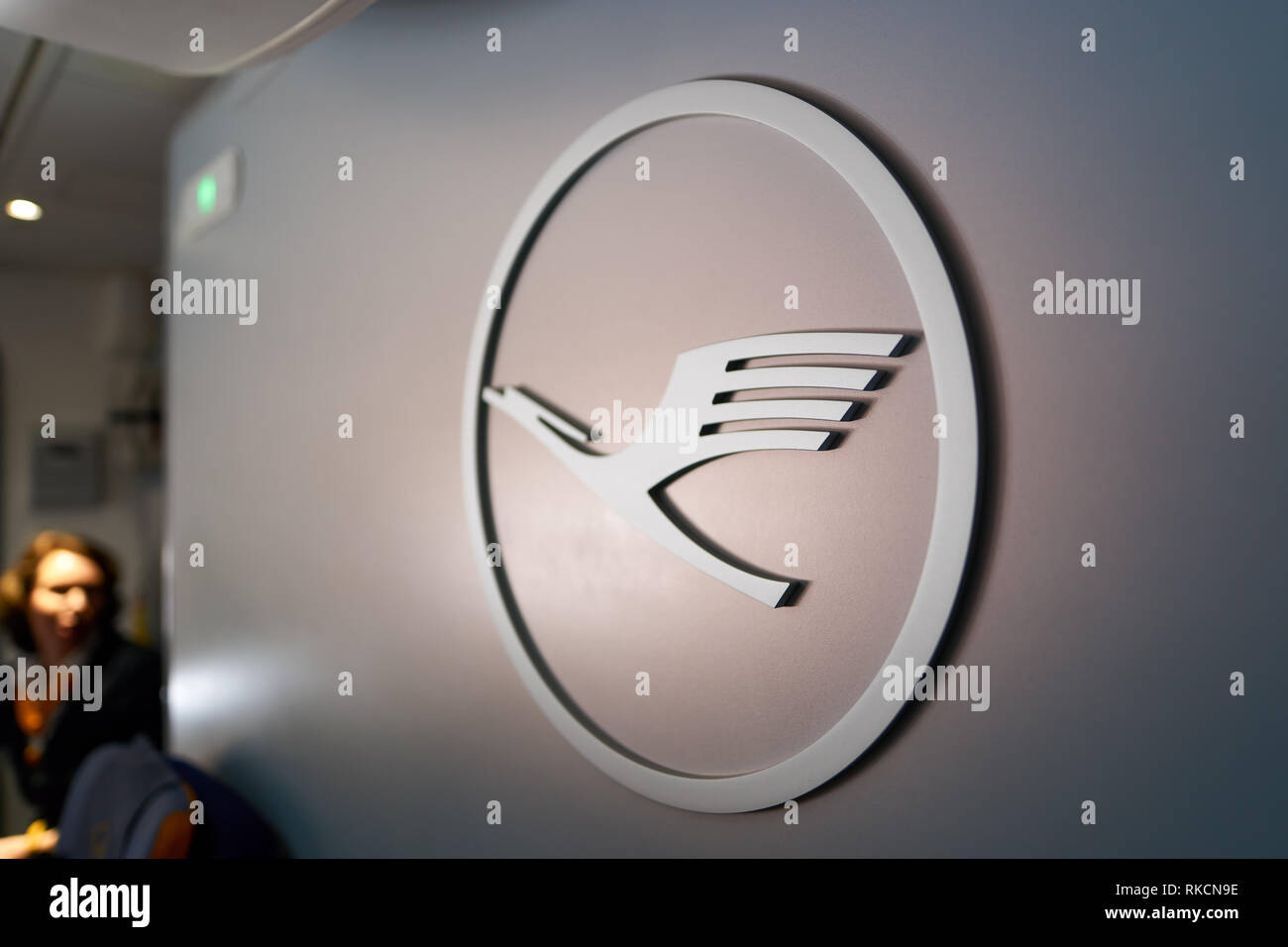 FRANKFURT, GERMANY MARCH 13, 2016 close up shot of Lufthansa logo. Deutsche Lufthansa AG