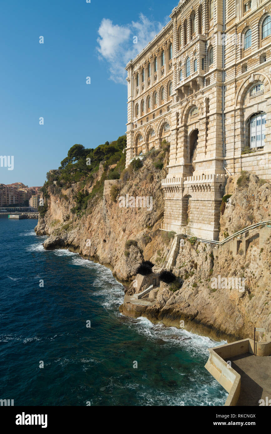 Exterior of the oceanographic museum in Monaco. In 1906 the Océanographic Institute was founded by Prince Albert I. The accompanying museum was founde Stock Photo