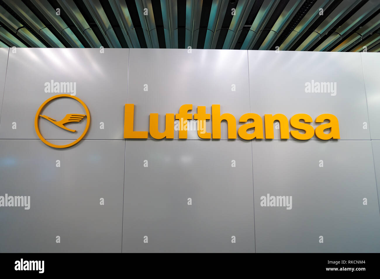 FRANKFURT, GERMANY - APRIL 07, 2016: close up shot of Lufthansa logo. Deutsche Lufthansa AG, commonly known as Lufthansa is a major German airline. Stock Photo