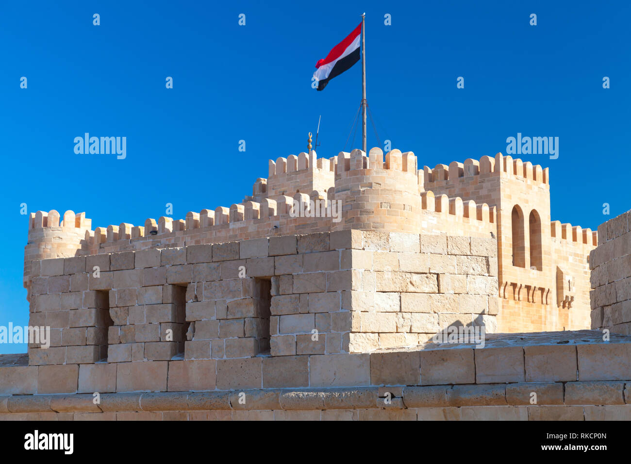 The Citadel of Qaitbay or the Fort of Qaitbay closeup. It is a 15th-century defensive fortress located on the Mediterranean sea coast, Alexandria, Egy Stock Photo