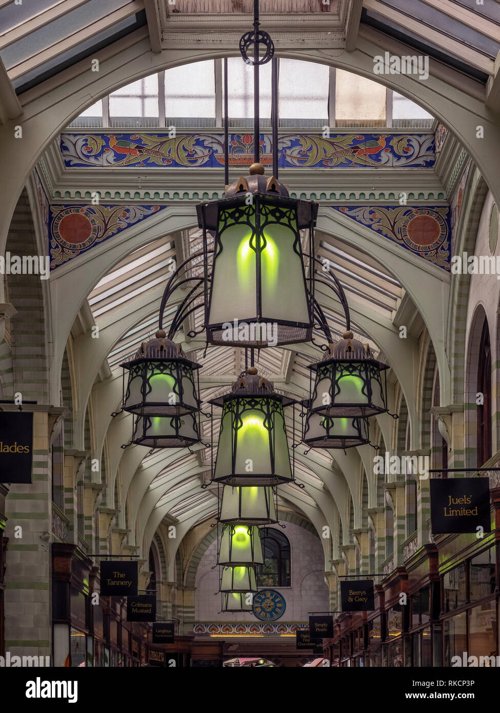 NORWICH, NORFOLK, UK - JUNE 13, 2018:  Lights and roof of the Royal Arcade Stock Photo