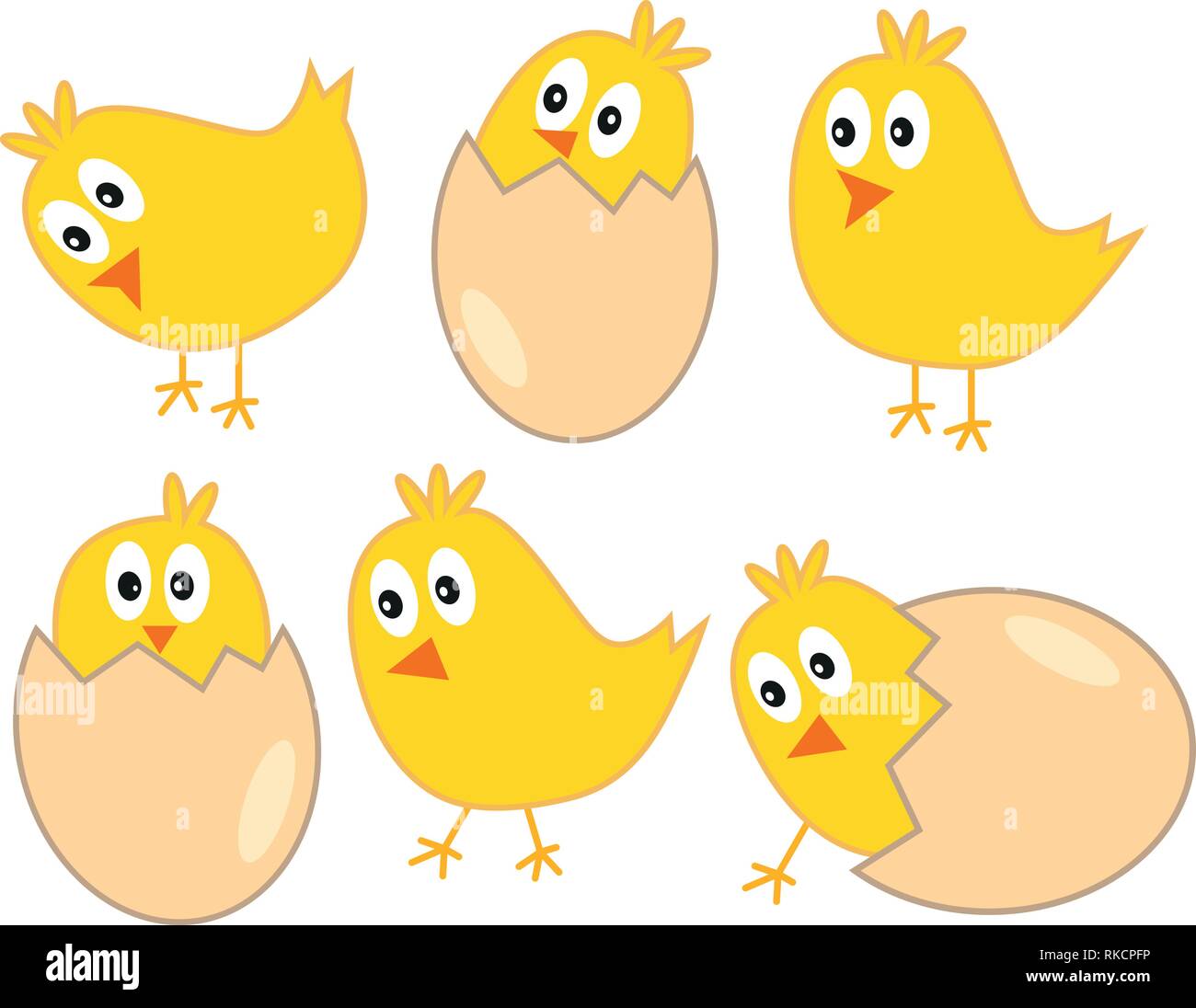 Cute yellow easter chickens with eggs - vector illustration isolated on white background Stock Vector