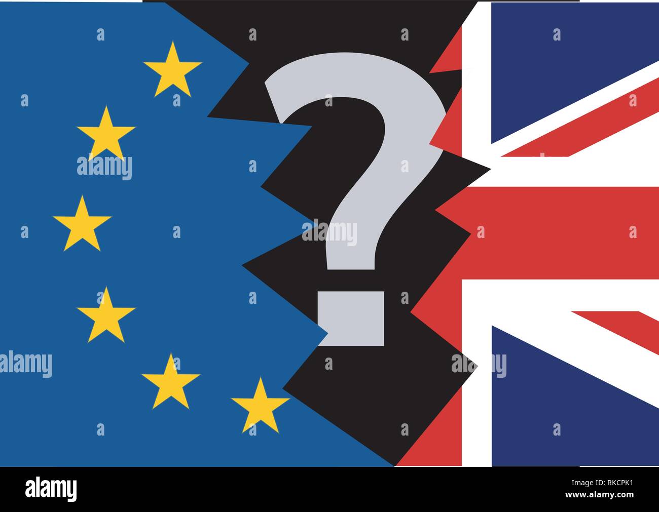 Brexit - blue torn european union EU flag and torn great britain flag England exit with question mark concept Stock Vector