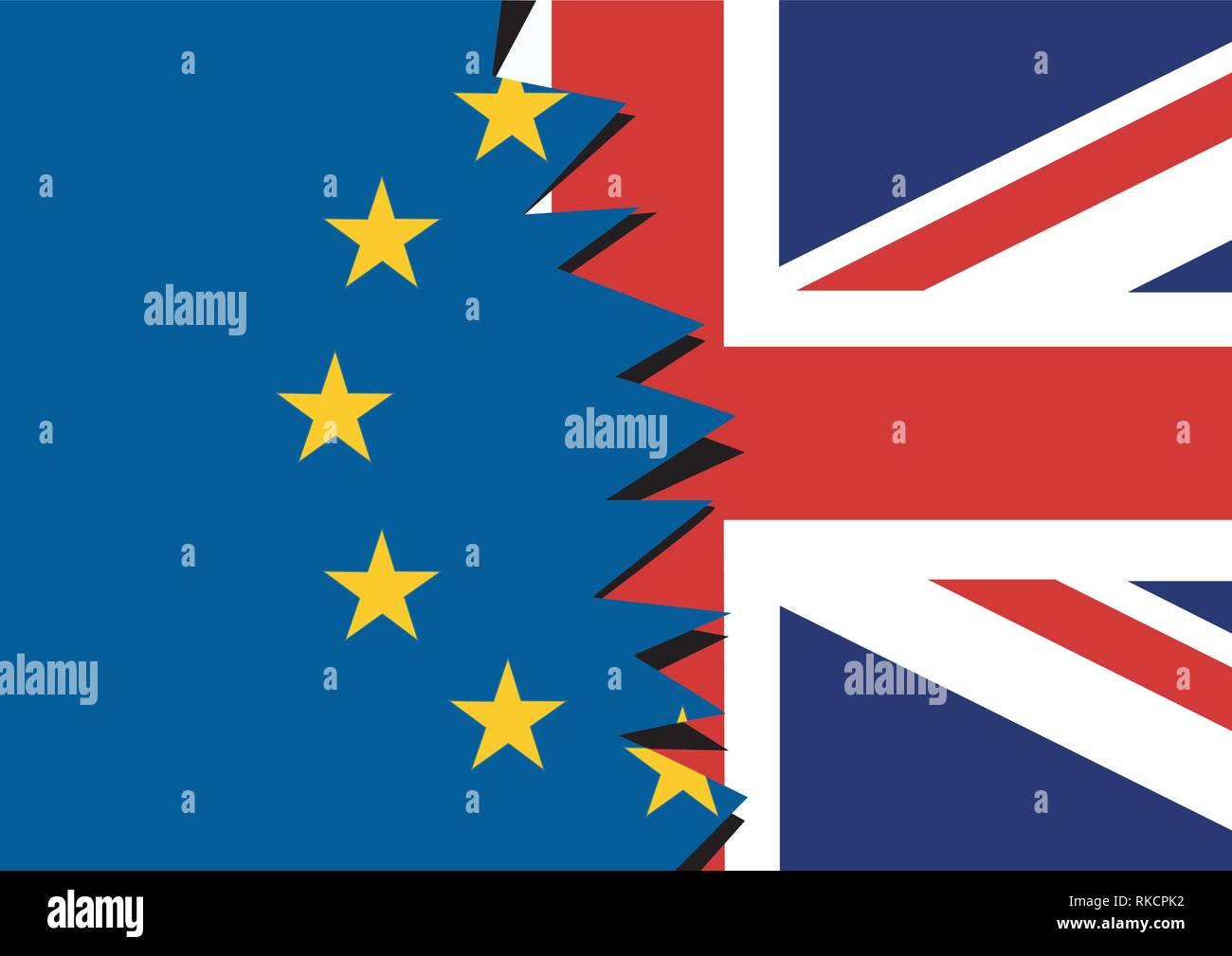 Brexit - blue torn european union EU flag and torn great britain flag England exit concept Stock Vector