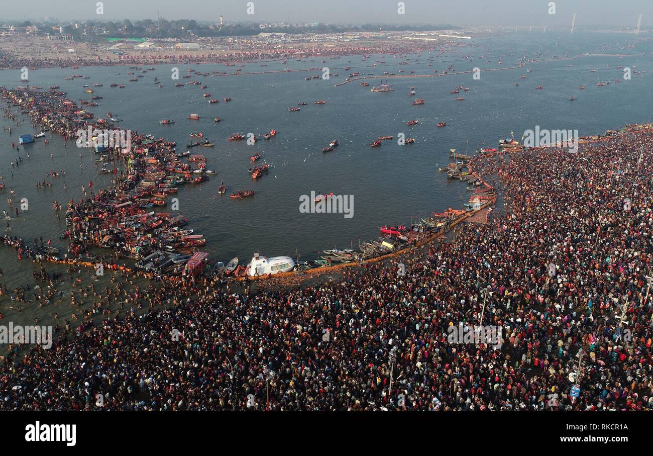 Allahabad, India. 10th Feb, 2019. An areal view of Sangam as Sadhus and devotees take holydip on the occasion of Basant Panchami festival during Kumbh or Pitcher festival in Allahabad. Credit: Prabhat Kumar Verma/Pacific Press/Alamy Live News Stock Photo