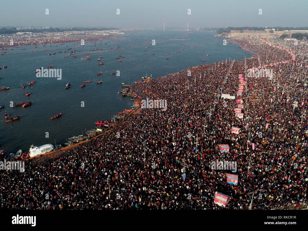 Allahabad, India. 10th Feb, 2019. An areal view of Sangam as Sadhus and devotees take holydip on the occasion of Basant Panchami festival during Kumbh or Pitcher festival in Allahabad. Credit: Prabhat Kumar Verma/Pacific Press/Alamy Live News Stock Photo