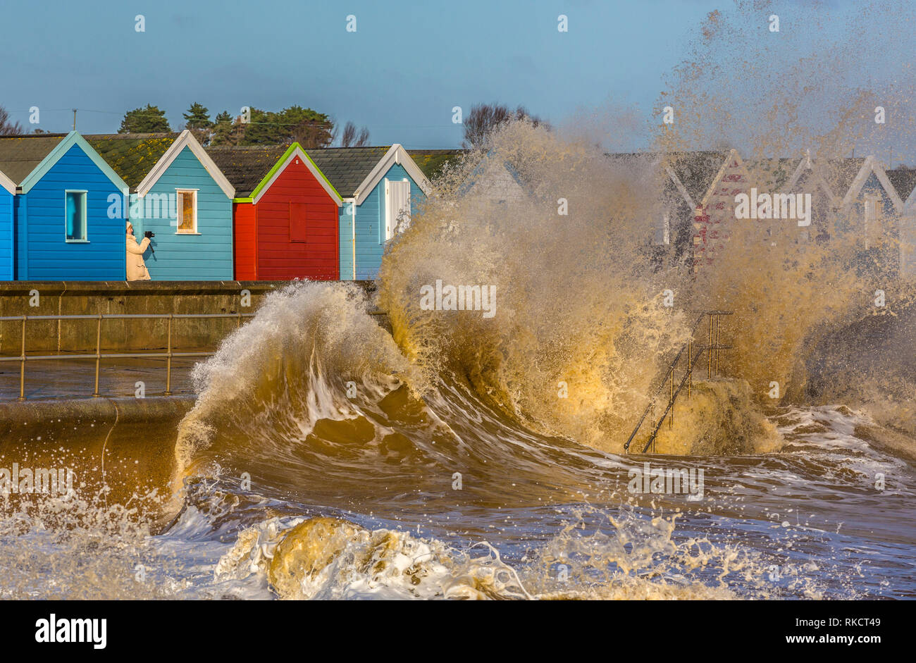 Southwold, Suffolk. UK. 8th January, 2019. A woman sheltering among the beach huts photographs the strong winds and stormy seas at Southwold, Suffolk, Stock Photo
