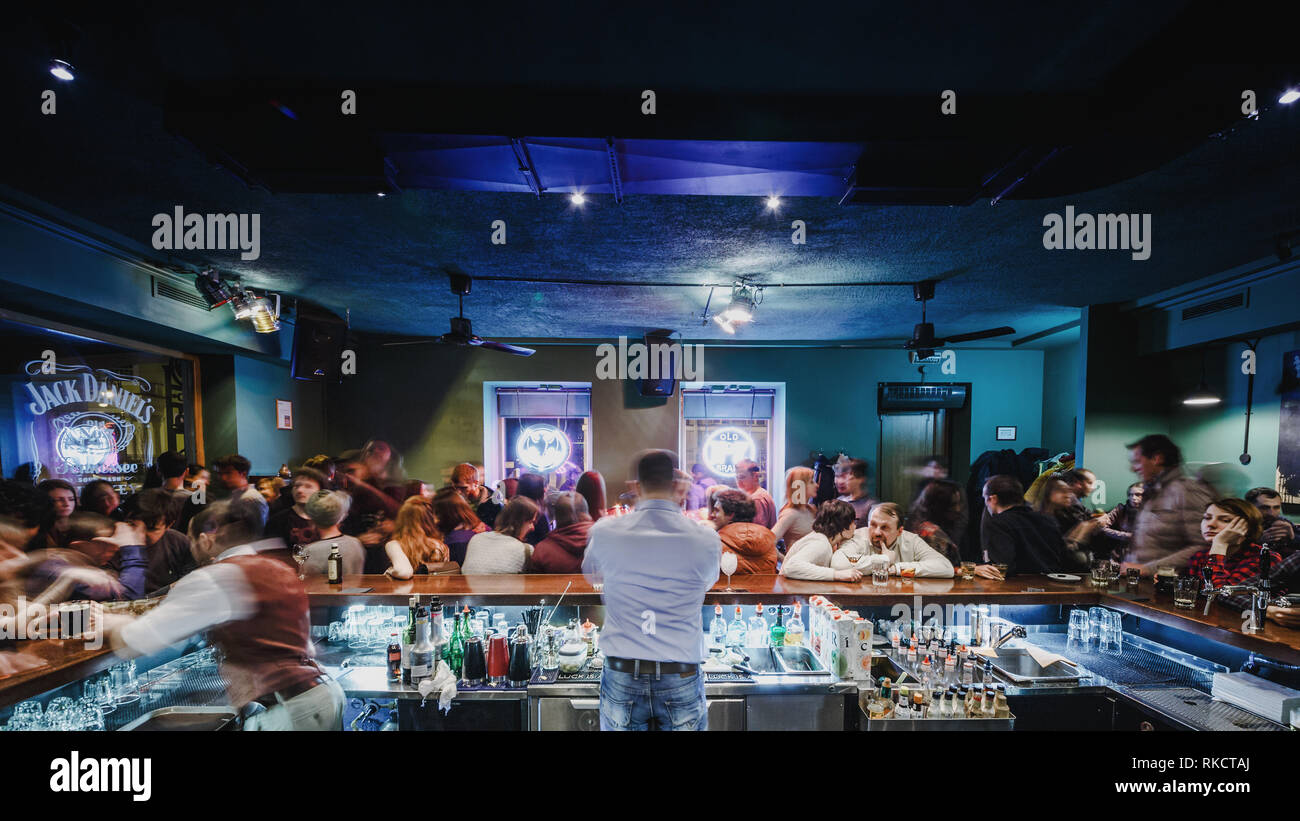 Moscow, Russia February 22, 2015 Upscale bar is busy with a view
