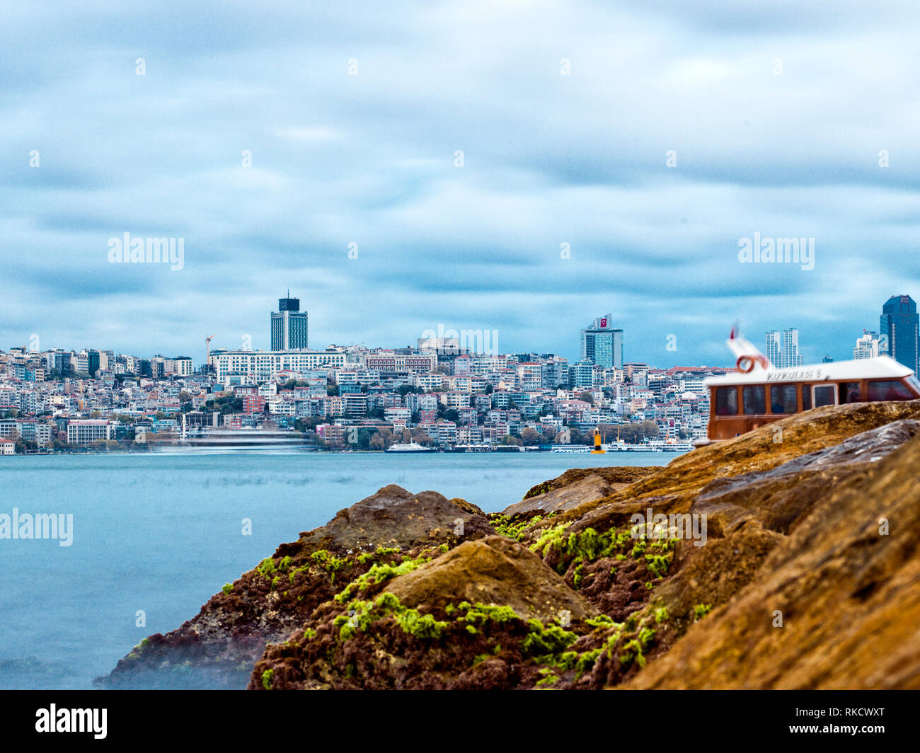 Beautiful view of Istanbul with long exposure shot in Bosphorus - Istanbul. Stock Photo