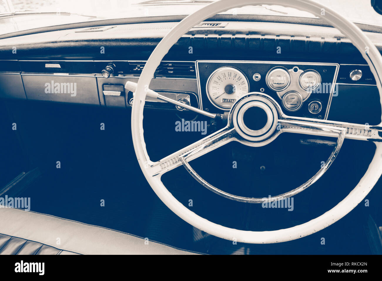 Vintage car dashboard and steering wheel Stock Photo