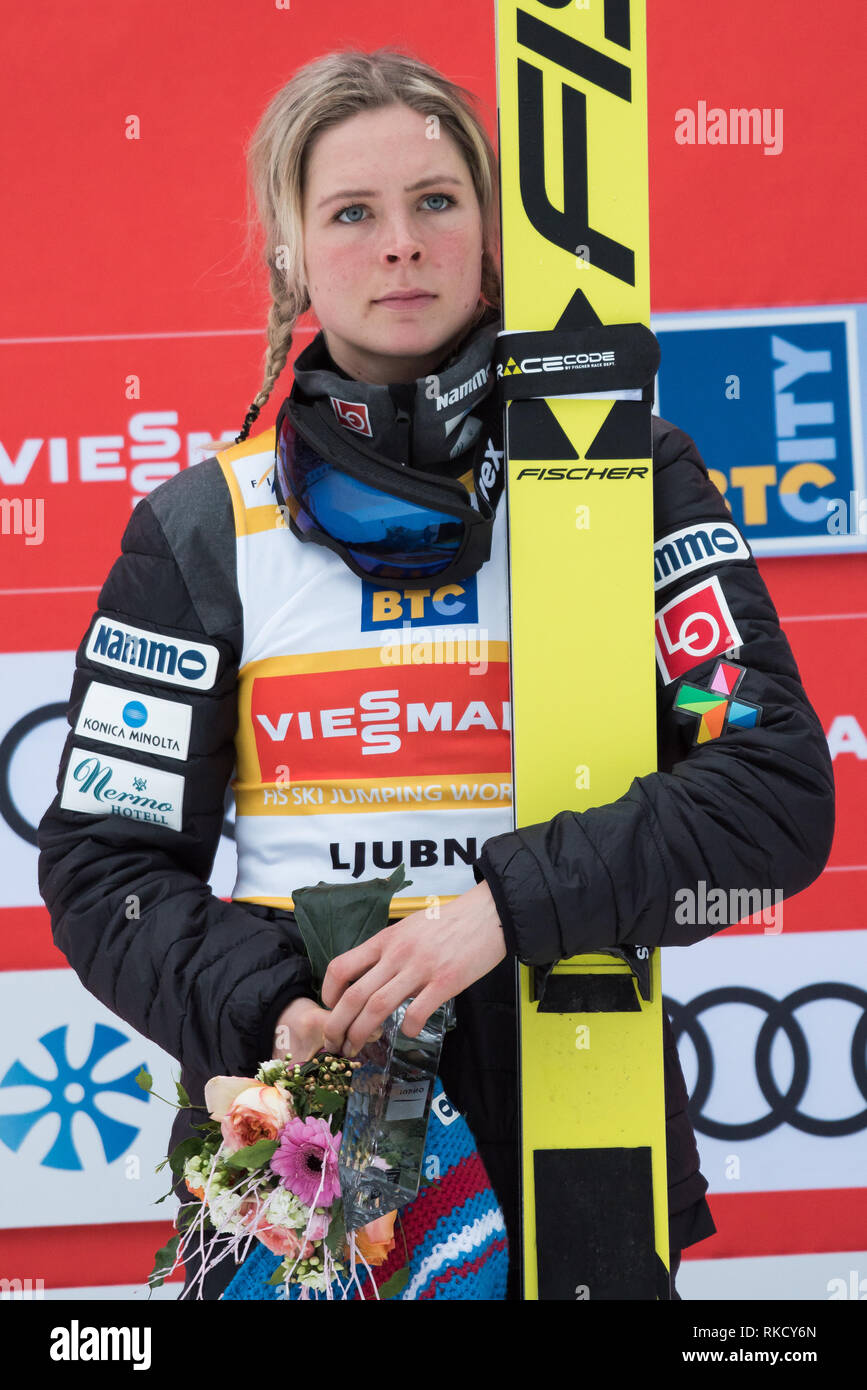 Ljubno Slovenia 10th Feb 2019 Maren Lundby Of Norway On Podium Celebrates Her Second Place At