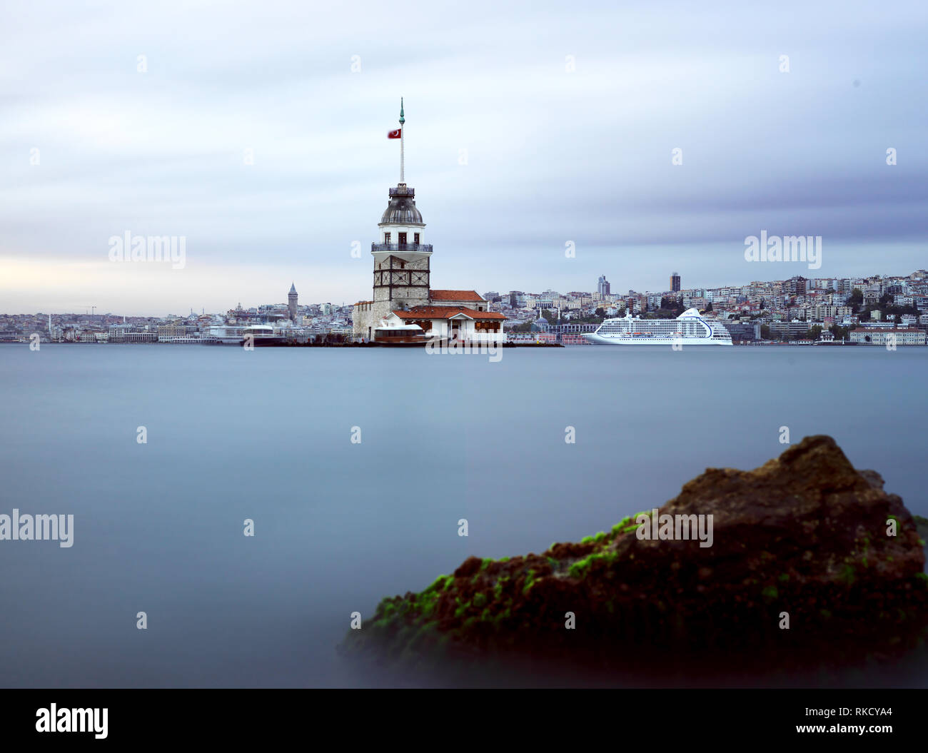 Maiden's Tower on Istanbul Bosphorus with long exposure Stock Photo