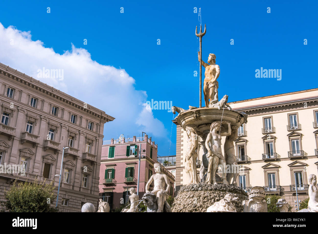 City Hall Square with the famous Neptune fountain on Piazza Municipio in Naples, Italy. Stock Photo