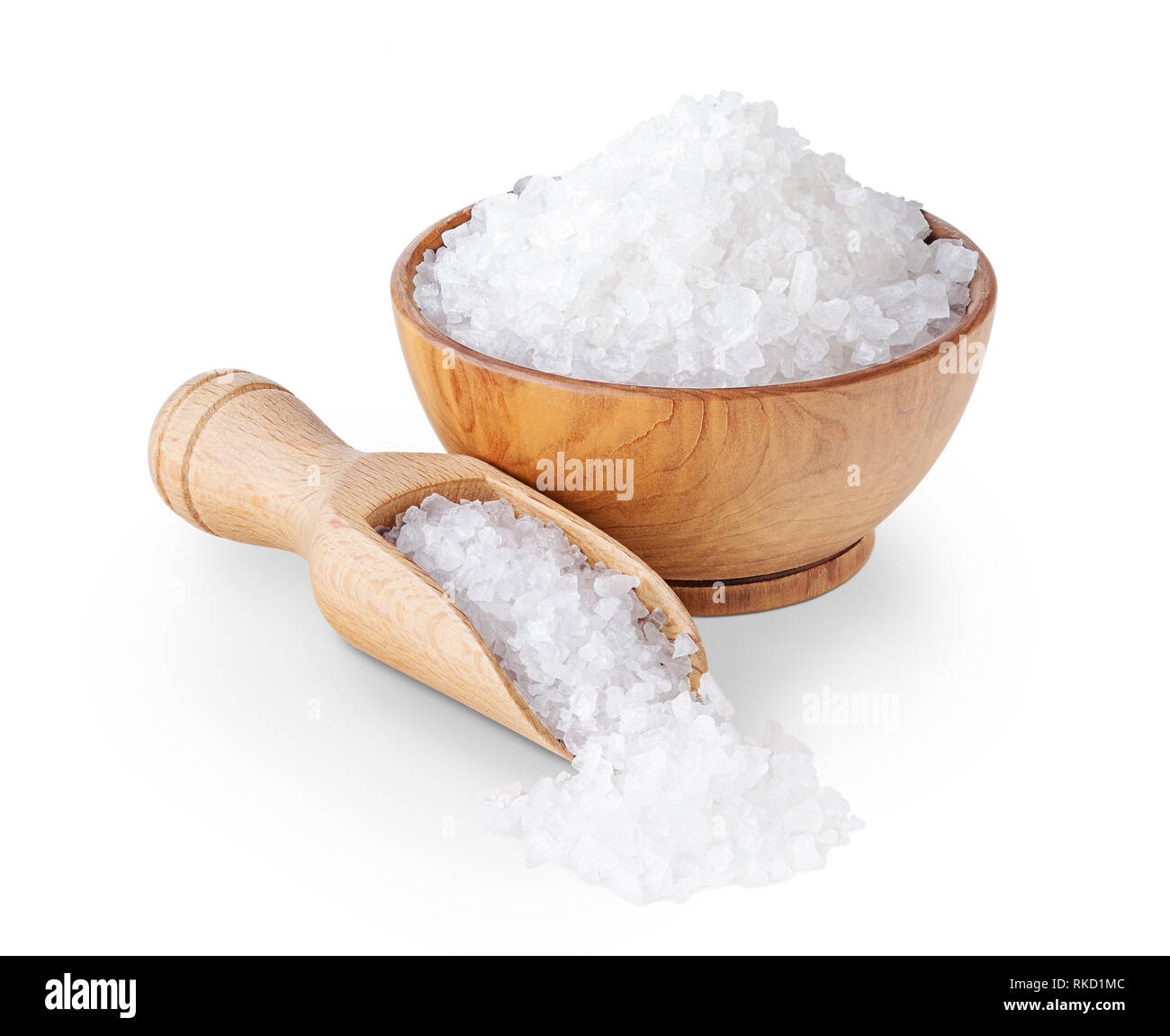 Sea salt crystals in a wooden bowl isolated on white Stock Photo