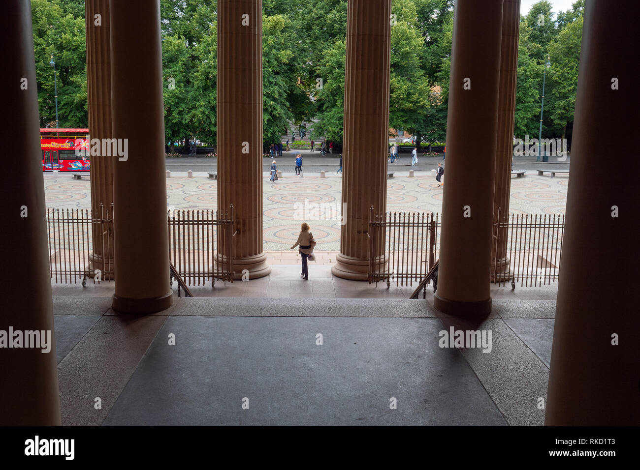 Entrance of the university in Oslo, Norway, with great ionic columns inspired from the ancient Greece. Stock Photo