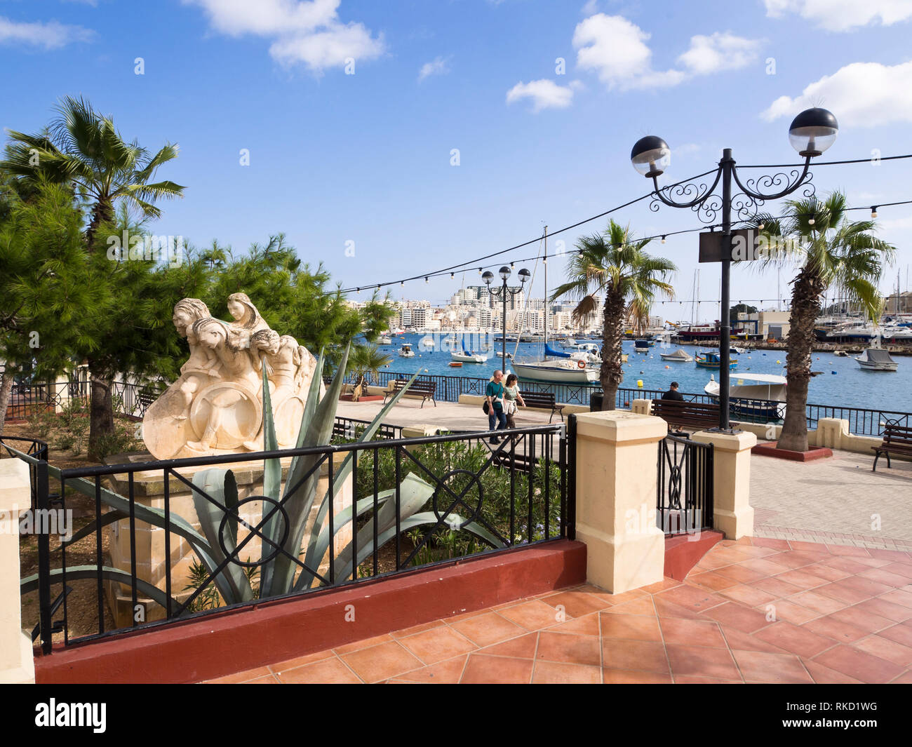 Seafront promenade in the Sliema district near Valetta in malta, sunny and inviting for a morning walk Stock Photo