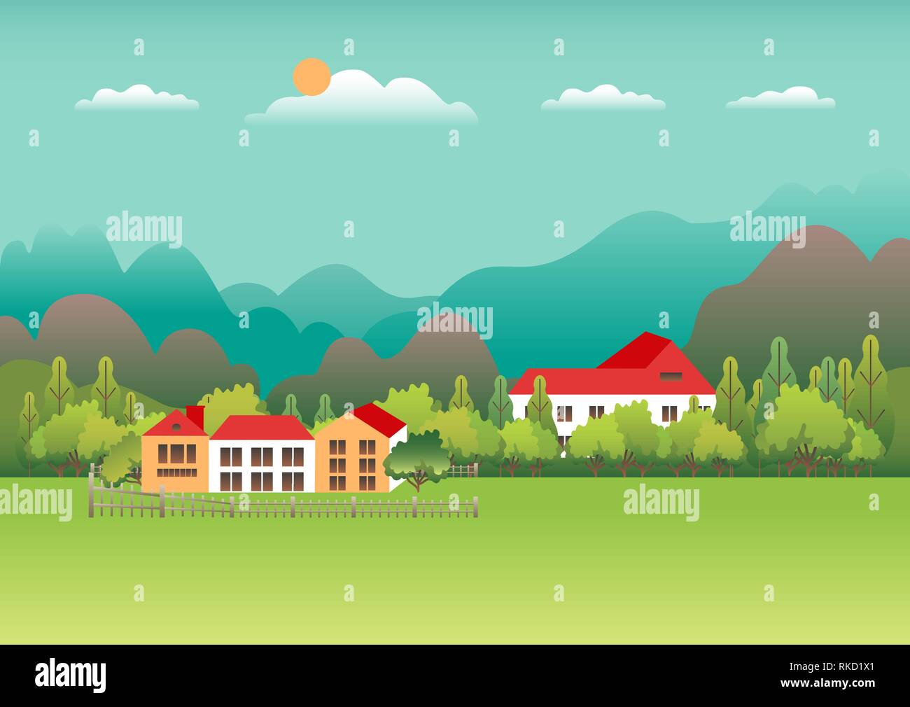Rural Valley Farm Countryside Village Landscape With Ranch In